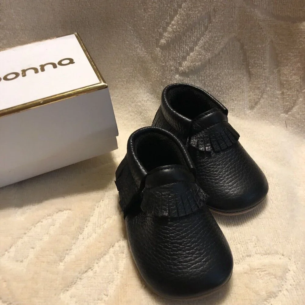 Ella Bonna Moccasins Soft Sole Infant Baby Size 4 Classic Black Leather